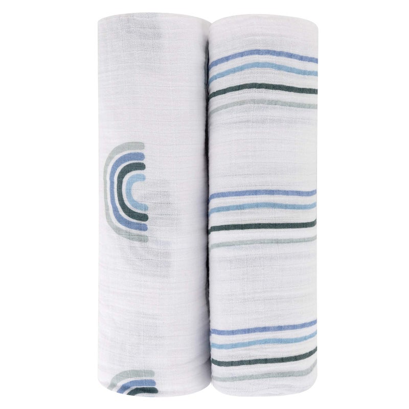 Ely's & Co. Cotton Muslin Swaddle Blanket 2-Pack for Baby Boy â€” 100% Cotton Muslin Extra-Large Swaddle Blankets (47â€ x 47â€) Blue Rainbows | Blue Stripes - Image 1